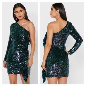 Lavish Alice Size 18 Waterfall Trim Sequin One Shoulder Mini Dress Emerald Green